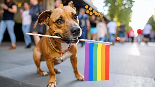 Cute dog holding a LGBT flag in his mouth. Rainbow flag, LGBT pride flag or gay pride flag.