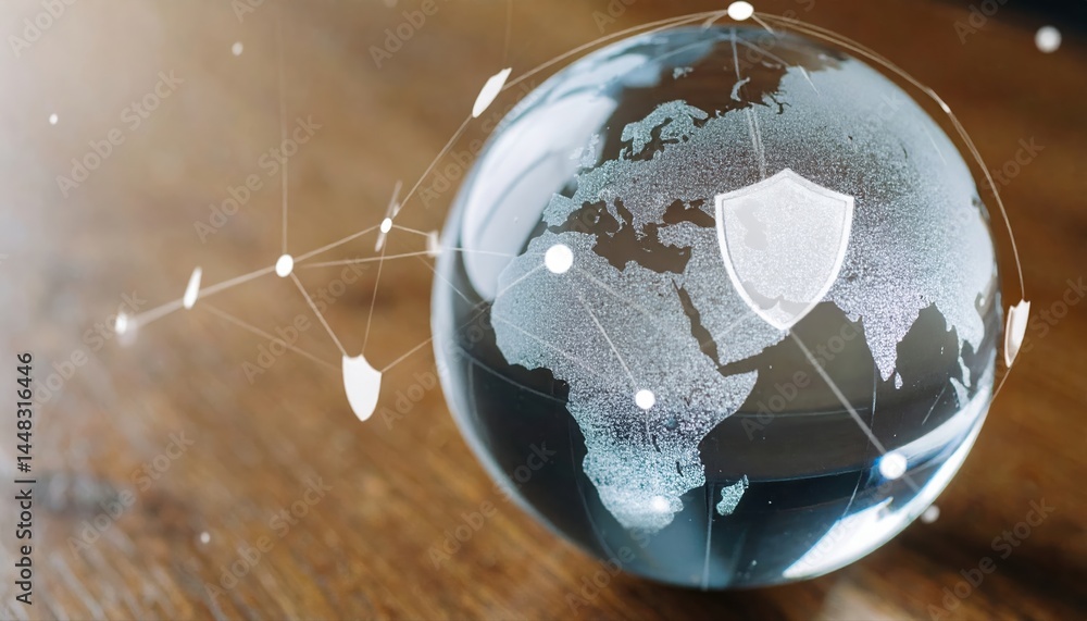 Aufkleber global digital security concept with a transparent glass globe featu a world map and shield overlay 