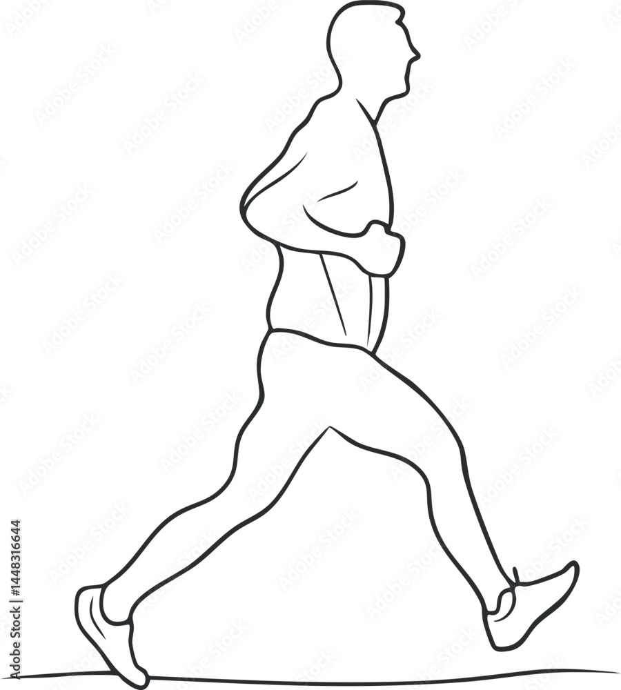 Poster outline illustration of a man running in profile view showing motion and active fitness exercise