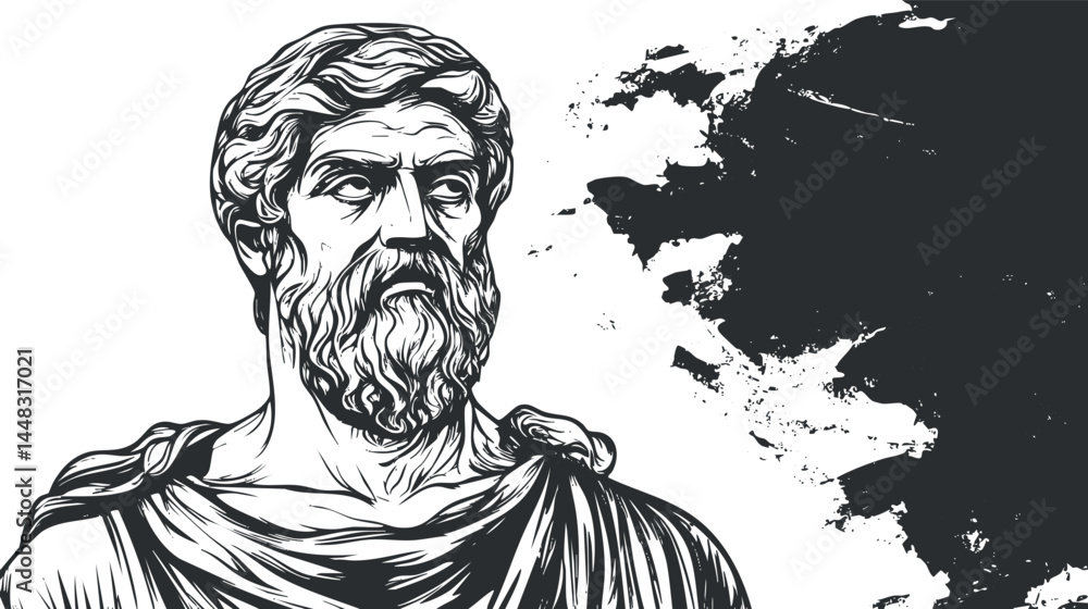 Poster black and white illustration of an ancient philosopher statue with a thoughtful expression and beard