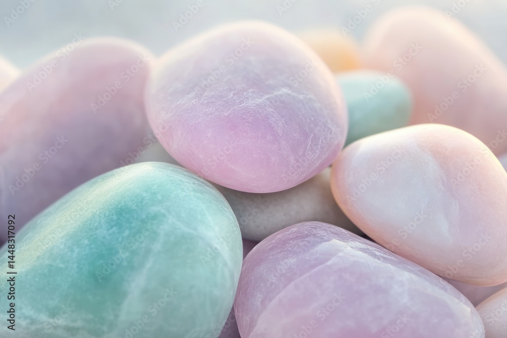 Poster close-up of smooth, pastel-colored stones in soft hues, showcasing their textures and subtle variati