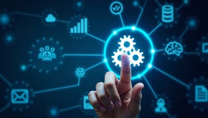 Automation of business or robotic process RPA technology. Transfer of data between application. Businessman touching gears icon on network connection