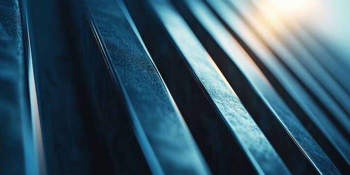 The image is a close up of a blue metal surface with a lot of detail. The blue color is dominant and the surface appears to be shiny and reflective. Concept of modernity and sophistication