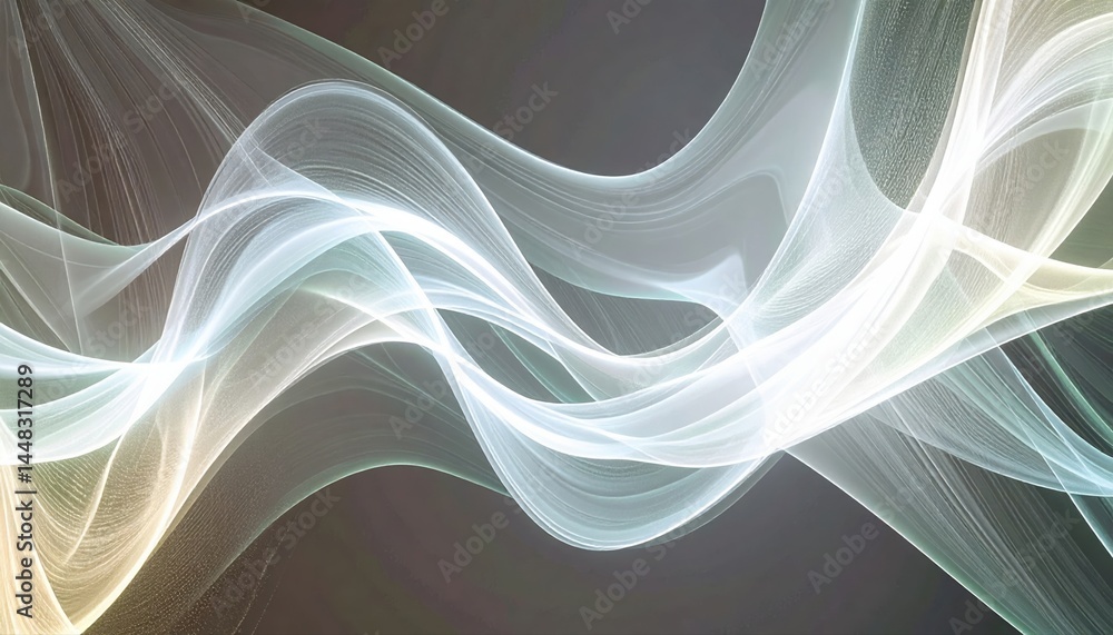 Poster abstract flowing light waves with smooth curves and luminous trails in soft white and green hues cre