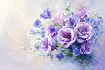 Fototapeta premium Delicate bouquet of pastel purple and blue flowers.