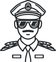 Monochrome line art illustration of a male pilot wearing uniform, hat, sunglasses, and tie with shoulder epaulets.