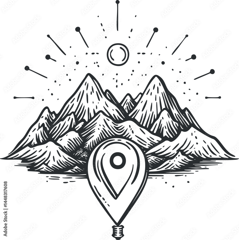 Poster hand-drawn illustration of mountain range with location pin and celestial symbols for navigation and