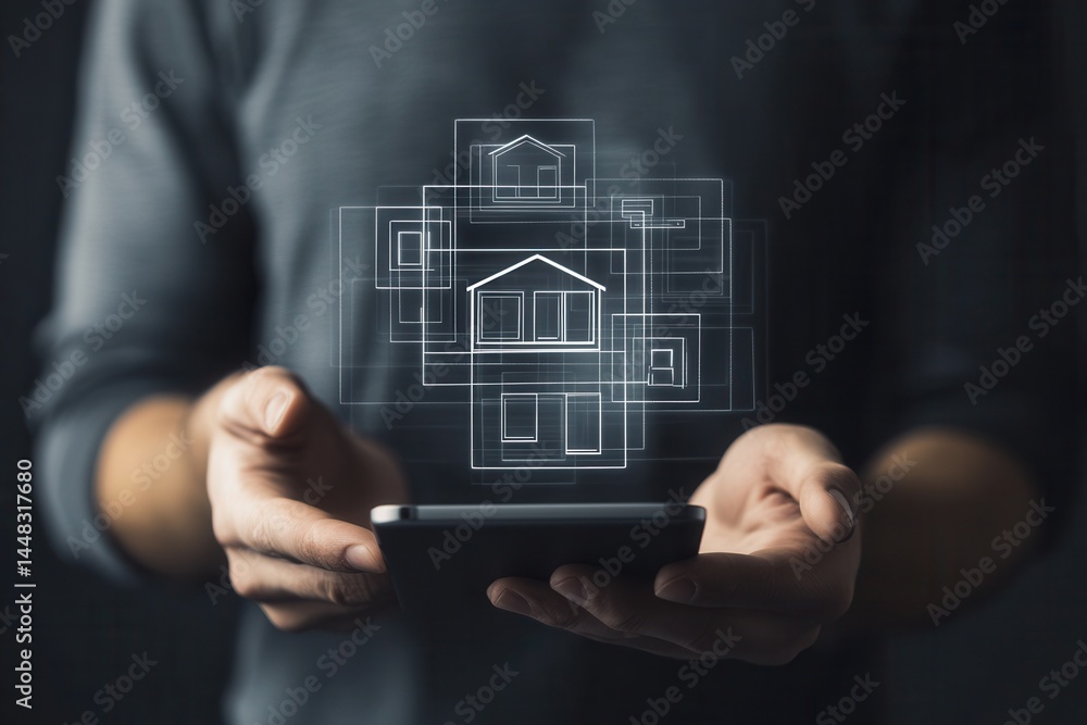 Poster person interacting with a smartphone displaying digital house icons in a modern setting