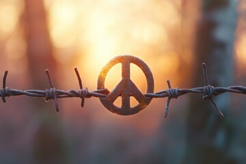 Rusty peace symbol held by barbed wire, representing the complex relationship between peace and conflict, and the hope for a better future.