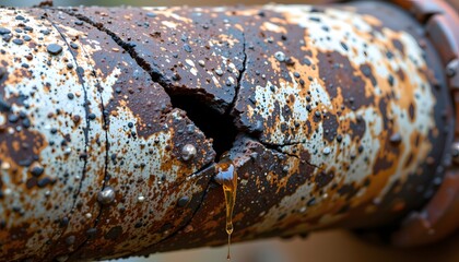 Corroded Pipe Leak: A close-up shot of a rusty, damaged pipe with a visible crack and signs of leakage, highlighting issues of corrosion and infrastructure decay.