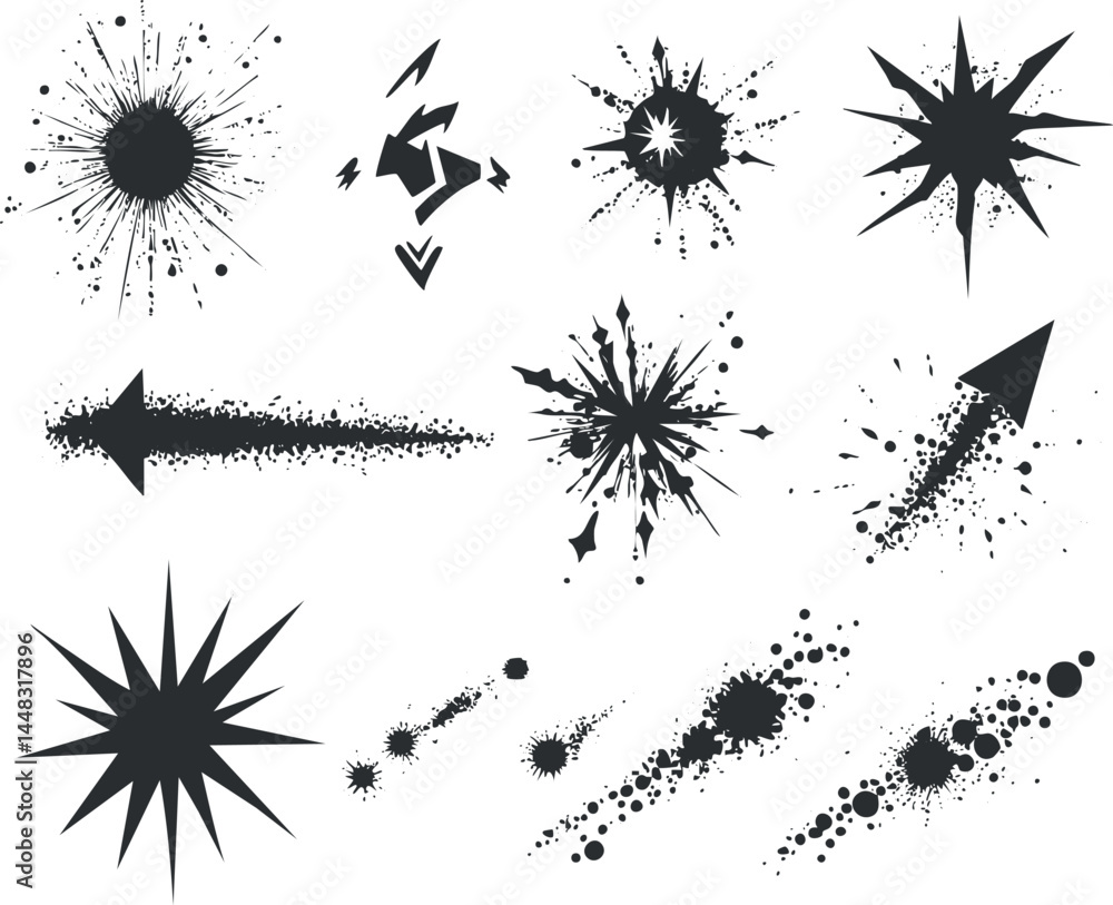 Poster set of black splatter and ink burst graphics with arrow and abstract shapes on white background