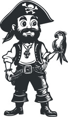 Black and white cartoon illustration of a friendly pirate character with a parrot perched on his hand, wearing a skull hat and traditional pirate attire.