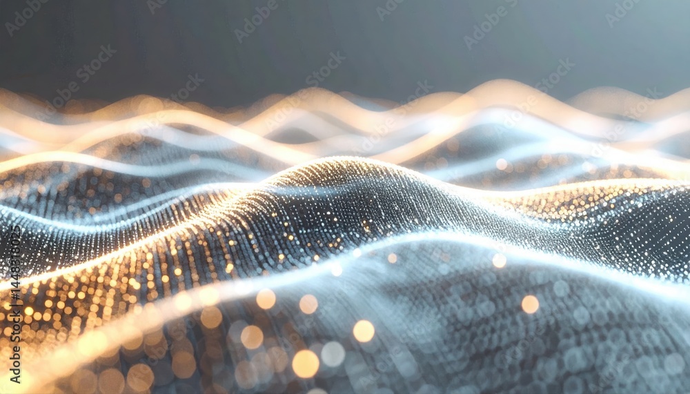 Poster abstract digital wave pattern with glowing particles and flowing light lines representing technology