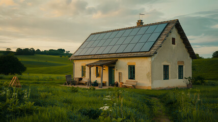 Obraz premium Rustic Solar Cottage in Lush Meadow at Sunset