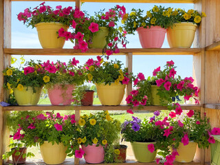 Petunia colorful blooms in flower pots