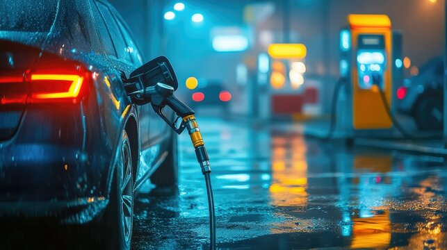 Rainy night fueling a car at a gas station