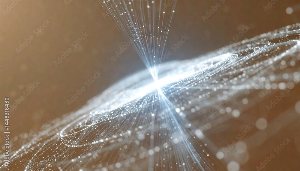 Poster abstract digital background with glowing light particles radiating from a central point creating a s
