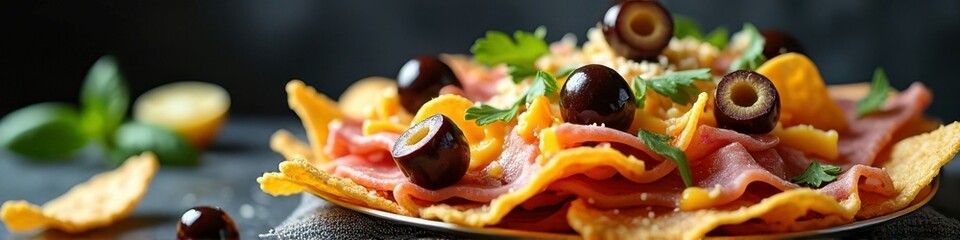 Appetizing nachos topped with ham, black olives, and fresh herbs