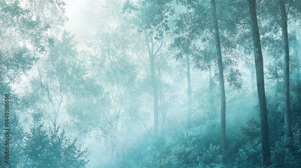 Poster misty forest scene, teal-toned trees and foliage, creating a serene and tranquil atmosphere, ideal f