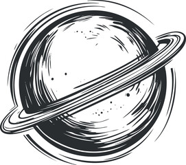 Black and white sketch illustration of a planet with a prominent ring system, resembling Saturn in space. © vadymstock