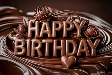 Happy Birthday chocolate text, flowers and heart on chocolate background. Card for person who loves sweets. 	