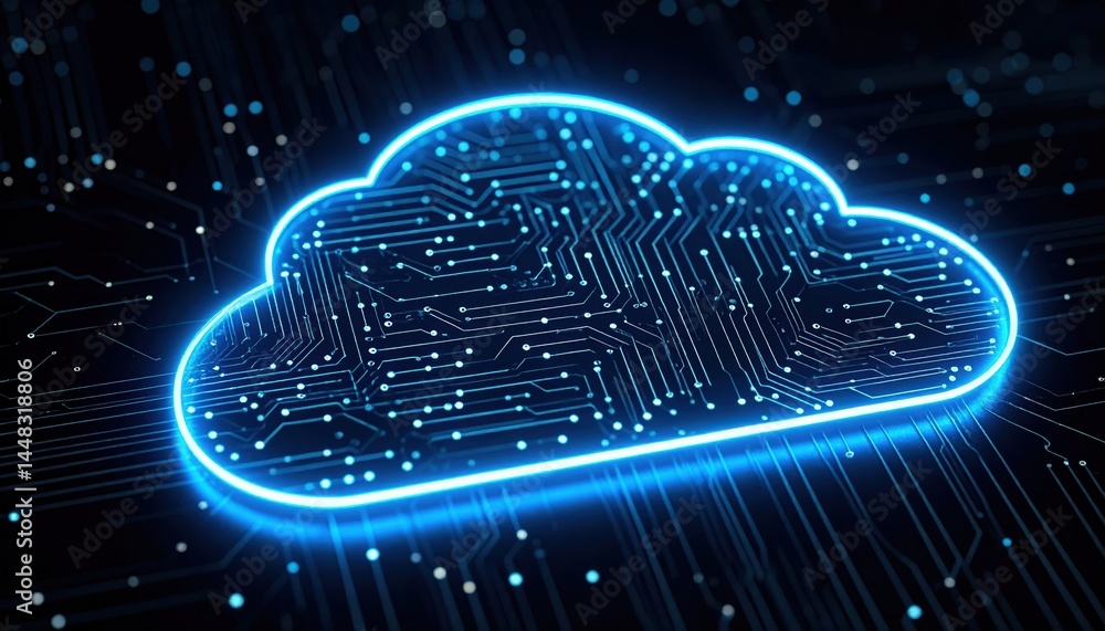Poster futuristic digital cloud illustration with glowing circuit patterns representing cloud computing and