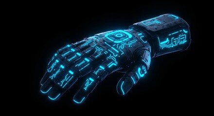 Cybernetic Hand Illuminated on Black Background