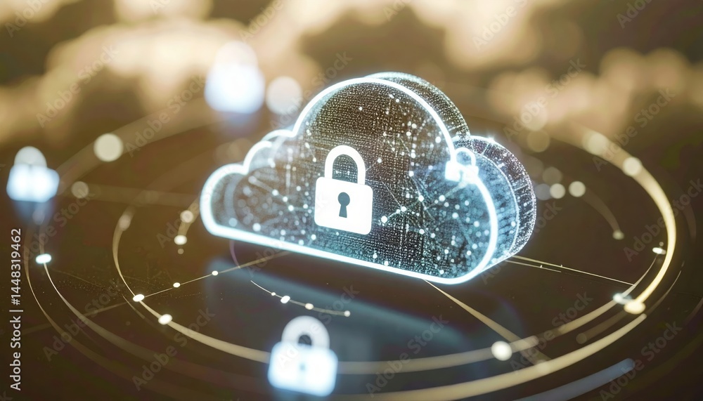 Poster digital cloud storage security concept with encrypted data lock symbol surrounded by data points and