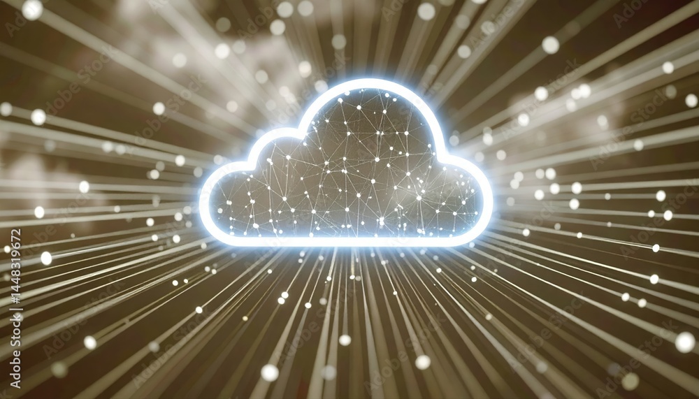 Poster digital cloud computing concept with glowing network connections and futuristic rays symbolizing clo