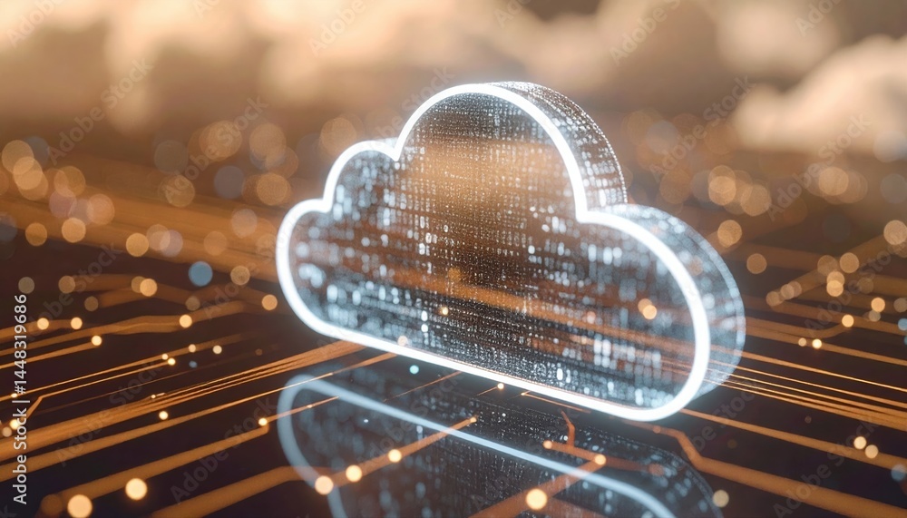 Poster digital cloud icon with data network concept showing cloud storage and connectivity in a futuristic 