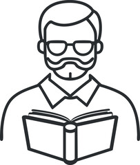 Line art illustration of a man with glasses and beard reading an open book for education and learning