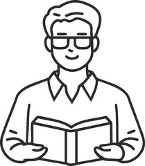 Line art illustration of a man wearing glasses reading an open book with a smile