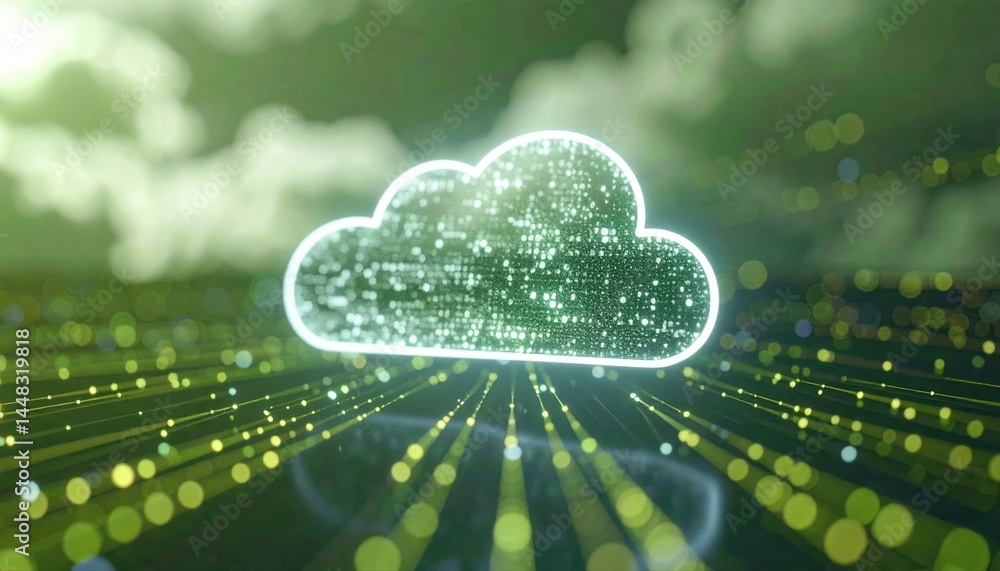 Poster futuristic cloud computing technology with digital data streaming representing cloud storage and dat