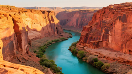 Aerial view of a river flowing through a canyon with red rock cliffs