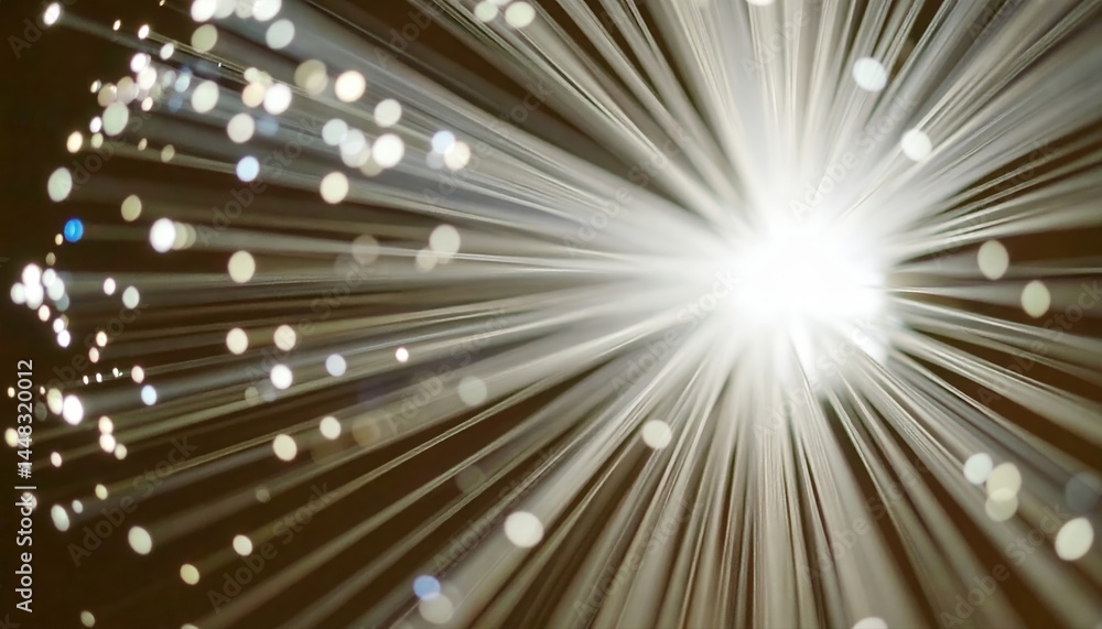 Poster bright radiant explosion with dynamic light rays and sparkling particles creating an energetic abstr