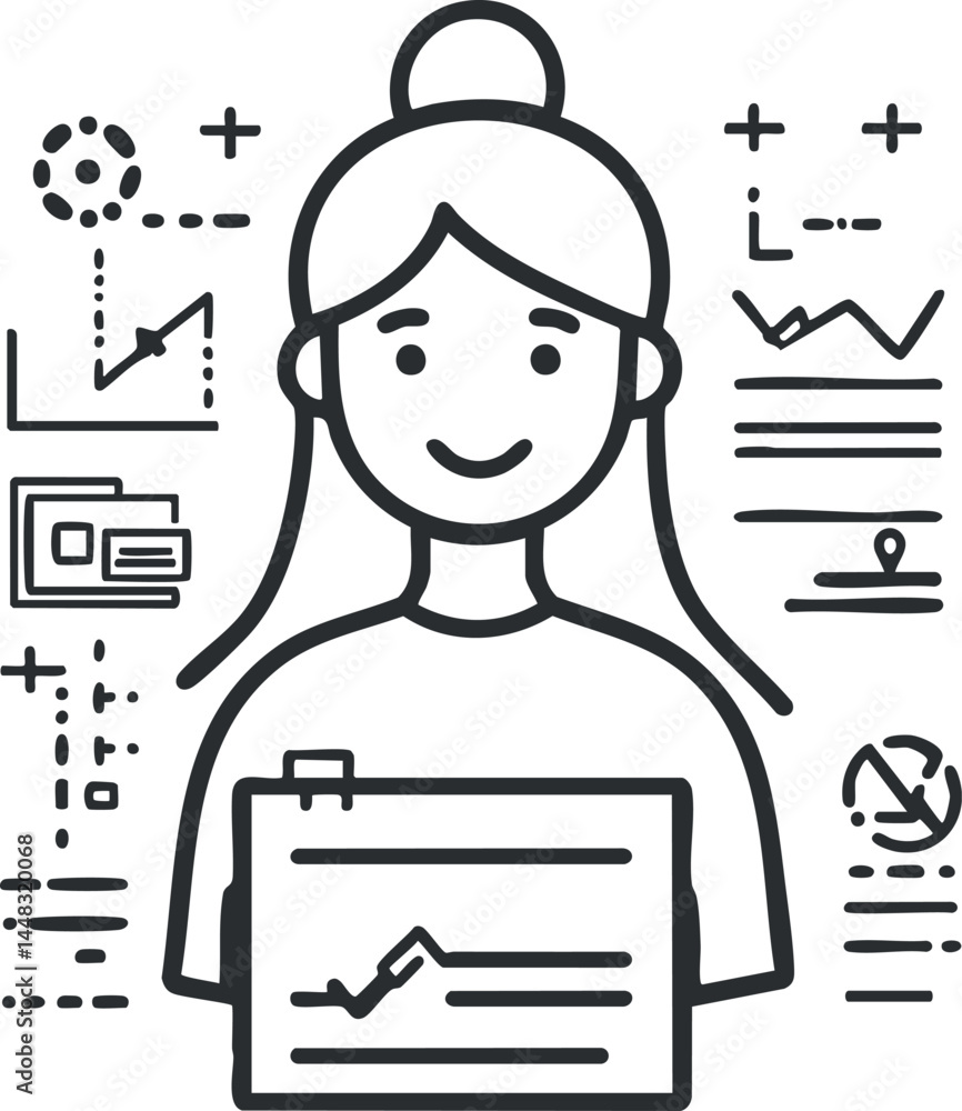 Poster outline illustration of a woman presenting business data charts and graphs for analytics and strateg