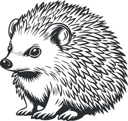 Black and white vector illustration of a cute hedgehog with detailed spines and facial features
