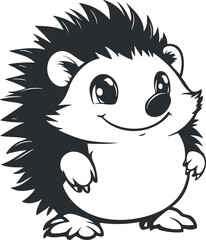Black and white cartoon illustration of a cute smiling hedgehog with large eyes and spikes