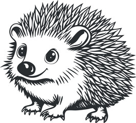Black and white cartoon illustration of a cute smiling hedgehog with detailed spikes and expressive eyes.