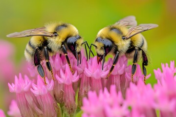 Midwest Summer. Closeup of Common Eastern Bumble Bees on Swamp Milkweed Wildflower