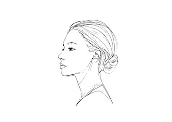 Woman in profile line art with elegant hairstyle on white background