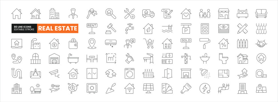 Set of 80 Real Estate line icons set. Real Estate outline icons with editable stroke collection. Includes House, Villa, Mortgage, Realtor, Amenities, and More.