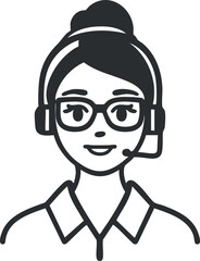Black and white line icon of a female customer service agent wearing headset and glasses