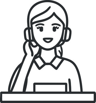 Outline illustration of a female customer service operator wearing headset at desk providing support