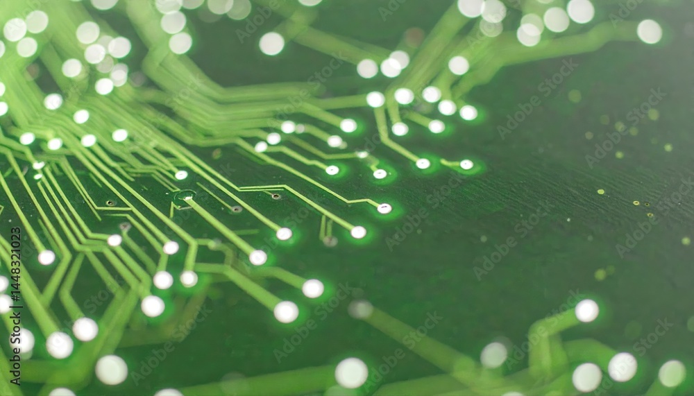 Poster close-up of green printed circuit board with intricate circuitry and electronic components highlight