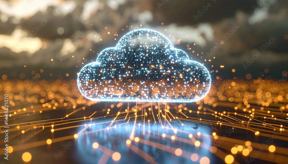 Poster digital cloud icon with glowing sparkles and data streams representing cloud computing technology in