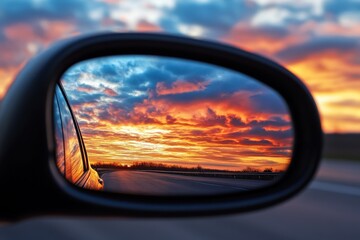 Mirror Rearview. Sunset Sky Reflection in Car Rearview Mirror with Clouds