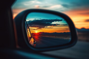 Mirror Rearview. Sunset Sky Reflecting in Car Rearview Mirror with Scenic Landscape