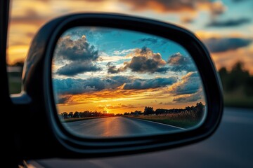 Fototapeta premium Mirror Rearview. Sunset Sky Reflected in Car Mirror Concept with Cloudy Landscape