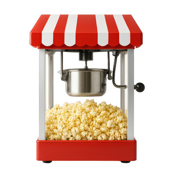 Retro-style popcorn machine with striped awning, full of fluffy popped kernels, ready for movie night snacks.